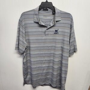 Navy Striped Polo Shirt Mens XL Short Sleeve Embroidered Divots Performance Golf